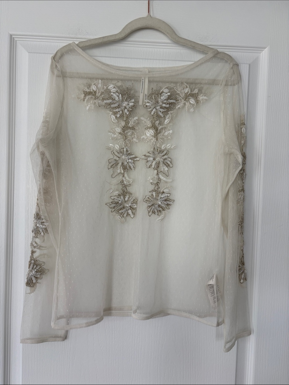 Anthropologie Ivory Sheer Embroidered Long-Sleeve Blouse